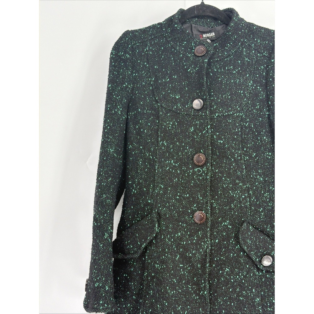 Morgan De Toi Black/Green Tweed Wool Blend Button-Up Pea Coat | Size: M (6-8)